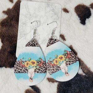 Animal Print Bull Skull Western Faux Leather Dangle Hook Earrings